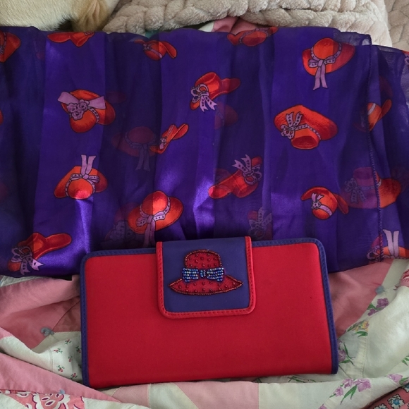 Avon Fashions Handbags - Avon Red Hat Society Purple Hat Print Scarf with Red Wallet